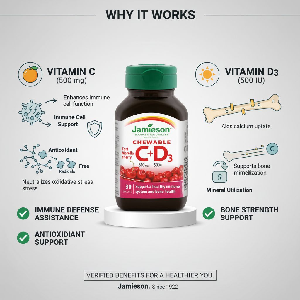 Jamieson Chewable Vitamin C 500mg + D3 500 IU | Immune & Bone Support - Image 7