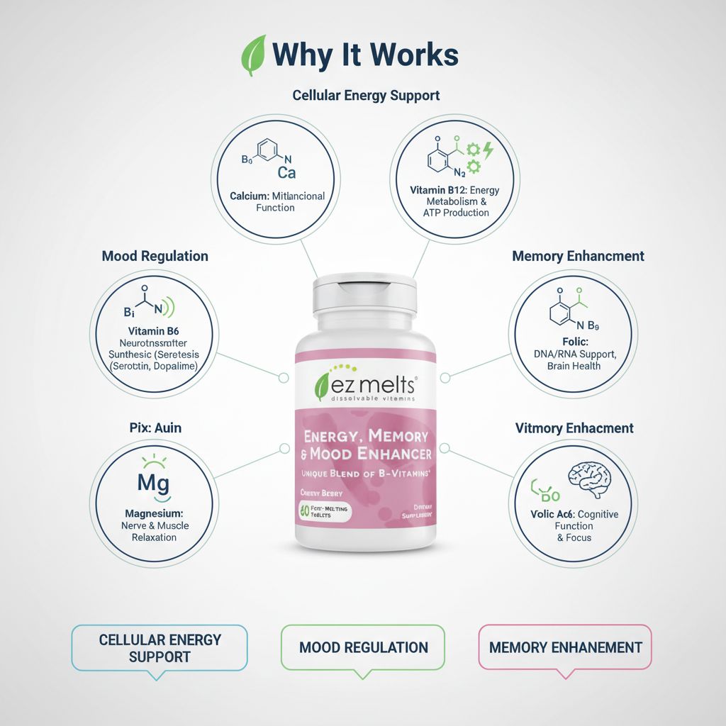 EZ Melts Energy, Memory & Mood Enhancer – Fast-Melting B-Vitamins – Cherry Berry – 60 Tablets - Image 2