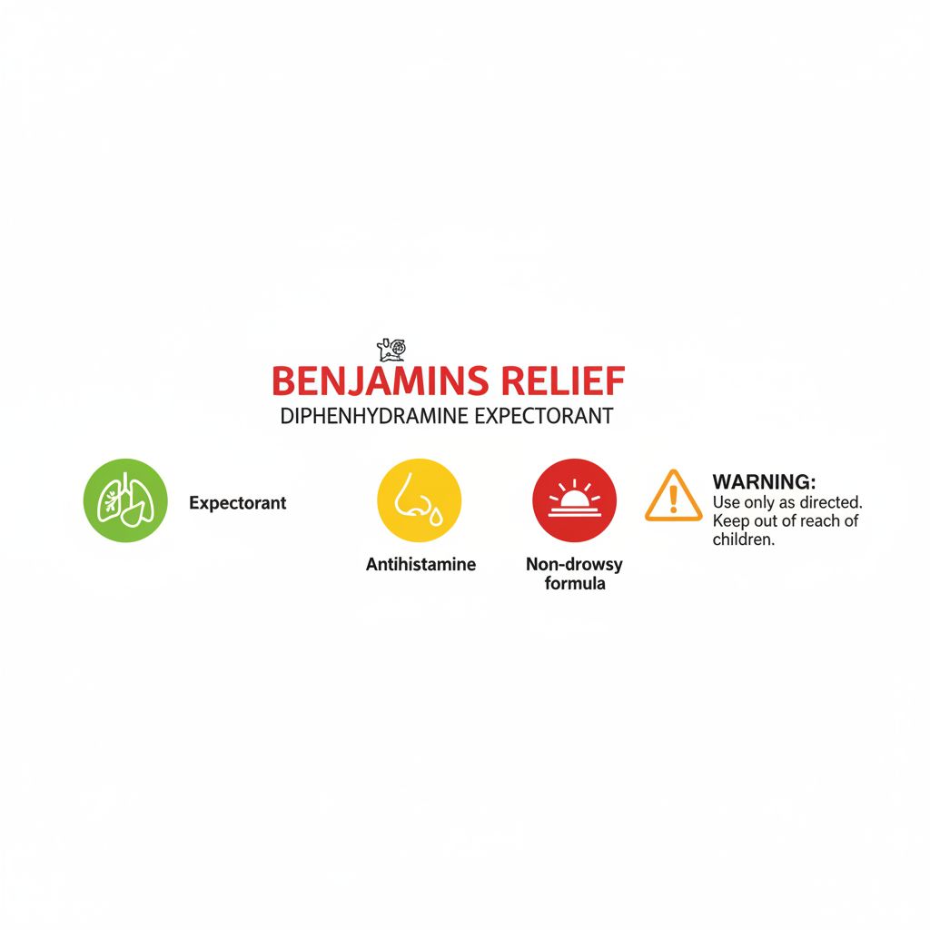 Benjamins Relief Diphenhydramine Elixir Sugar-Free Cherry 120mL | Allergy & Cold Relief | Alcohol-Free - Image 2