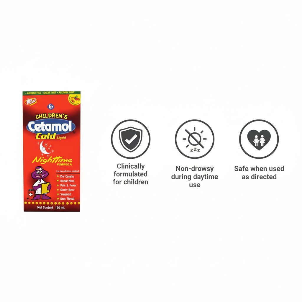 Children's Cetamol Cold Nighttime Liquid 120ml | Kids Cold & Flu Relief | Cough, Fever & Runny Nose Support - Image 2