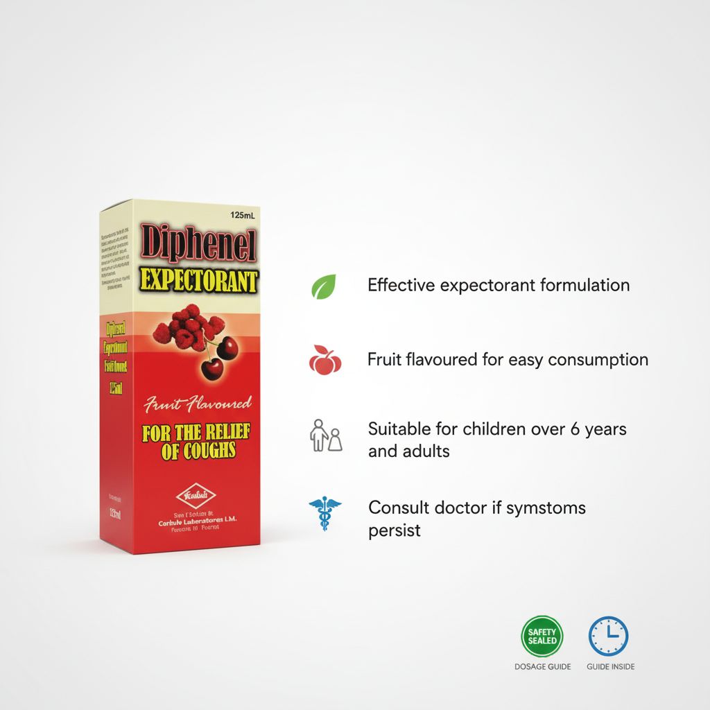 Diphenel Expectorant 125 mL | Relief of Coughs | Fruit Flavoured Expectorant Syrup - Image 2